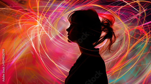 Visual representation of hormones as glowing lines swirling around a woman, symbolizing the complexity of hormonal changes, calm and introspective mood