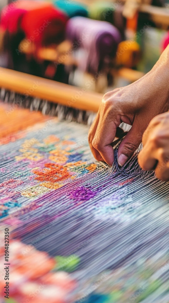 Obraz premium A Filipino weaver crafts a vibrant textile with colorful threads in a lively setting