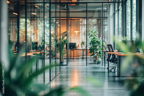 Illustration of business open green modern office daytime daylight. Working culture chill happy enjoy workplace work life balance plant green interior sustainable design contemporary sustainability