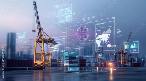 Futuristic seaport scene with cargo cranes shipping containers and a global communication overlay featuring floating data graphs and analytics visualizations in a sleek purple blue industrial tone