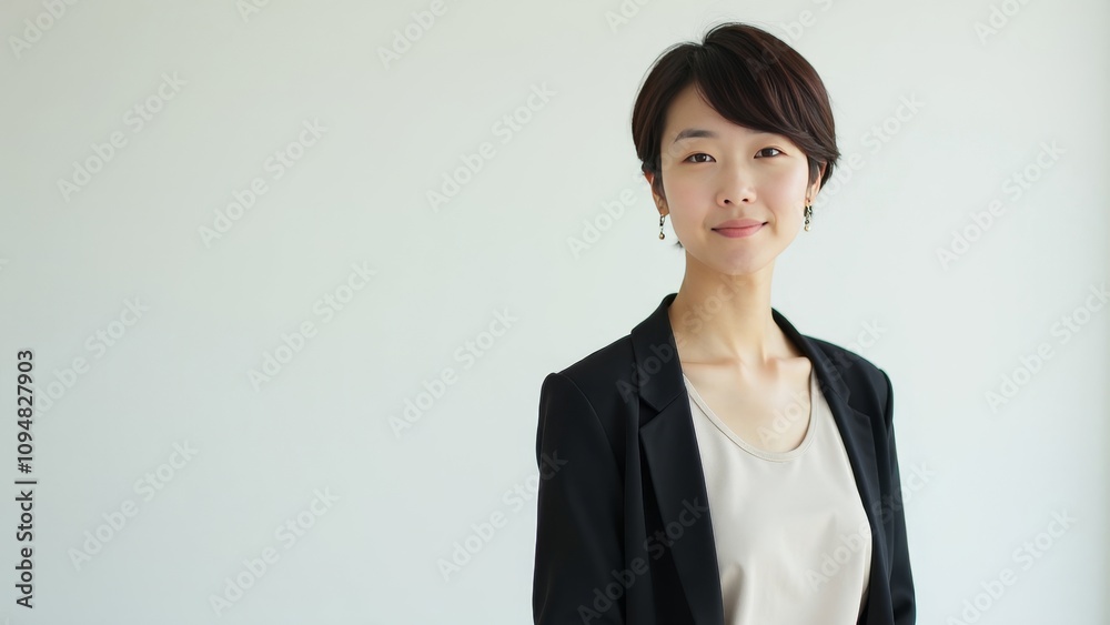 Stylish East Asian non-binary fashion model posing against a neutral minimalist background Stylish East Asian non-binary fashion model posing against a neutral minimalist background