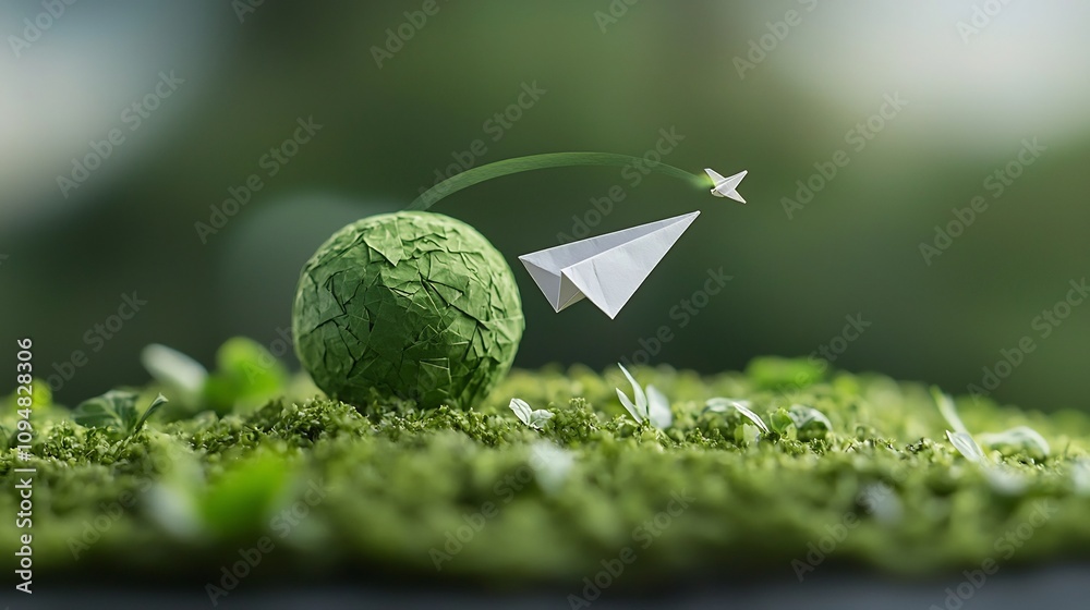 Close up view of a paper airplane elegantly circling a lush green planet symbolizing renewable energy and sustainable efforts to protect our environment and combat climate change Close up view of a paper airplane elegantly circling a lush green planet symbolizing renewable energy and sustainable efforts to protect our environment and combat climate change