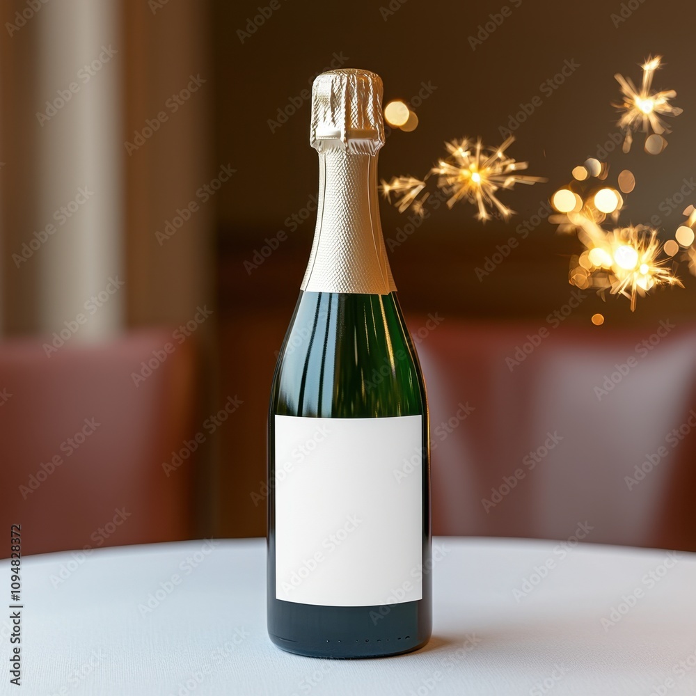 Champagne bottle mock-up with blank label festive concept. Champagne bottle with sparkles, ready for celebration Champagne bottle mock-up with blank label festive concept. Champagne bottle with sparkles, ready for celebration