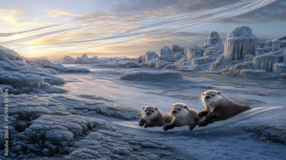Fototapeta premium Family of three otters moving across a frozen, icy landscape during a cold sunset, suitable for nature documentaries or environmental advertising.