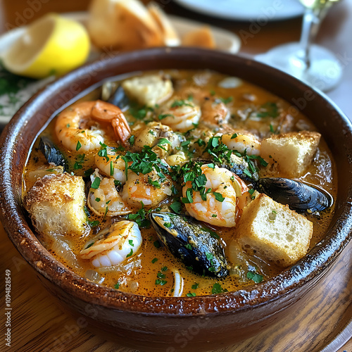 steaming bowl of Acorda de Marisco, featuring shrimp, mussels, and bread, garnished with fresh herbs. This dish is perfect for seafood lovers photo