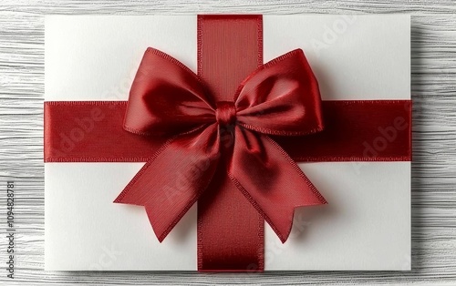 White Blank gift greeting card ticket with bright red ribbon bow photo