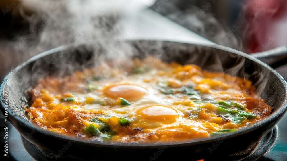 A detailed shot of a sizzling egg pan, capturing the steam rising from the hot dish, with vibrant colors of the ingredients blending harmoniously. A detailed shot of a sizzling egg pan, capturing the steam rising from the hot dish, with vibrant colors of the ingredients blending harmoniously.