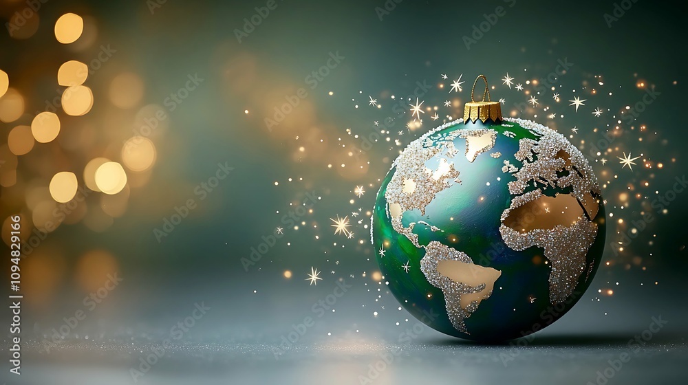 A hand painted Earth globe Christmas ball decoration adorned with glittering snowflakes and shimmering stars, symbolizing global unity and peace during the holiday season.