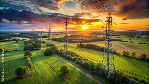 Aerial View of Transmission Poles Against a Vibrant Sunset Sky with Lush Green Landscape Below, Capturing the Intersection of Nature and Modern Power Infrastructure photo