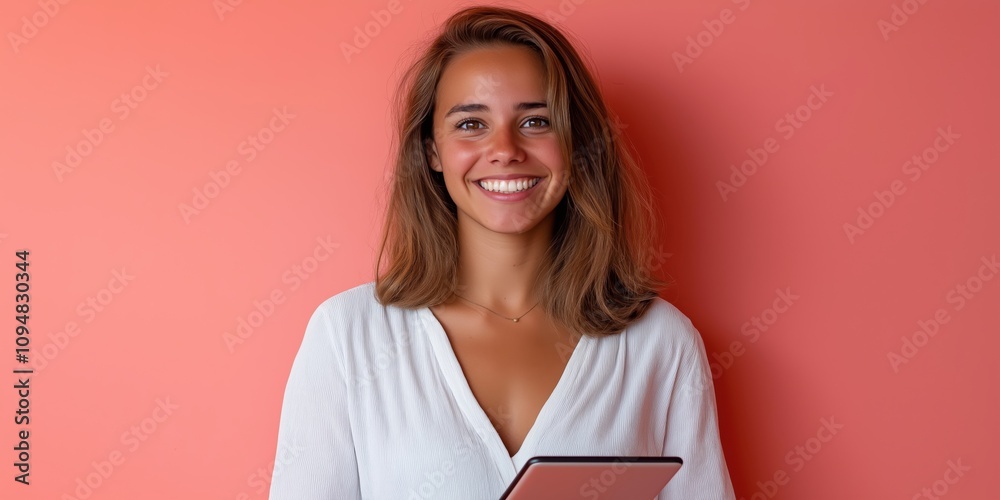 A young professional woman holding a digital tablet in a relaxed pose A young professional woman holding a digital tablet in a relaxed pose