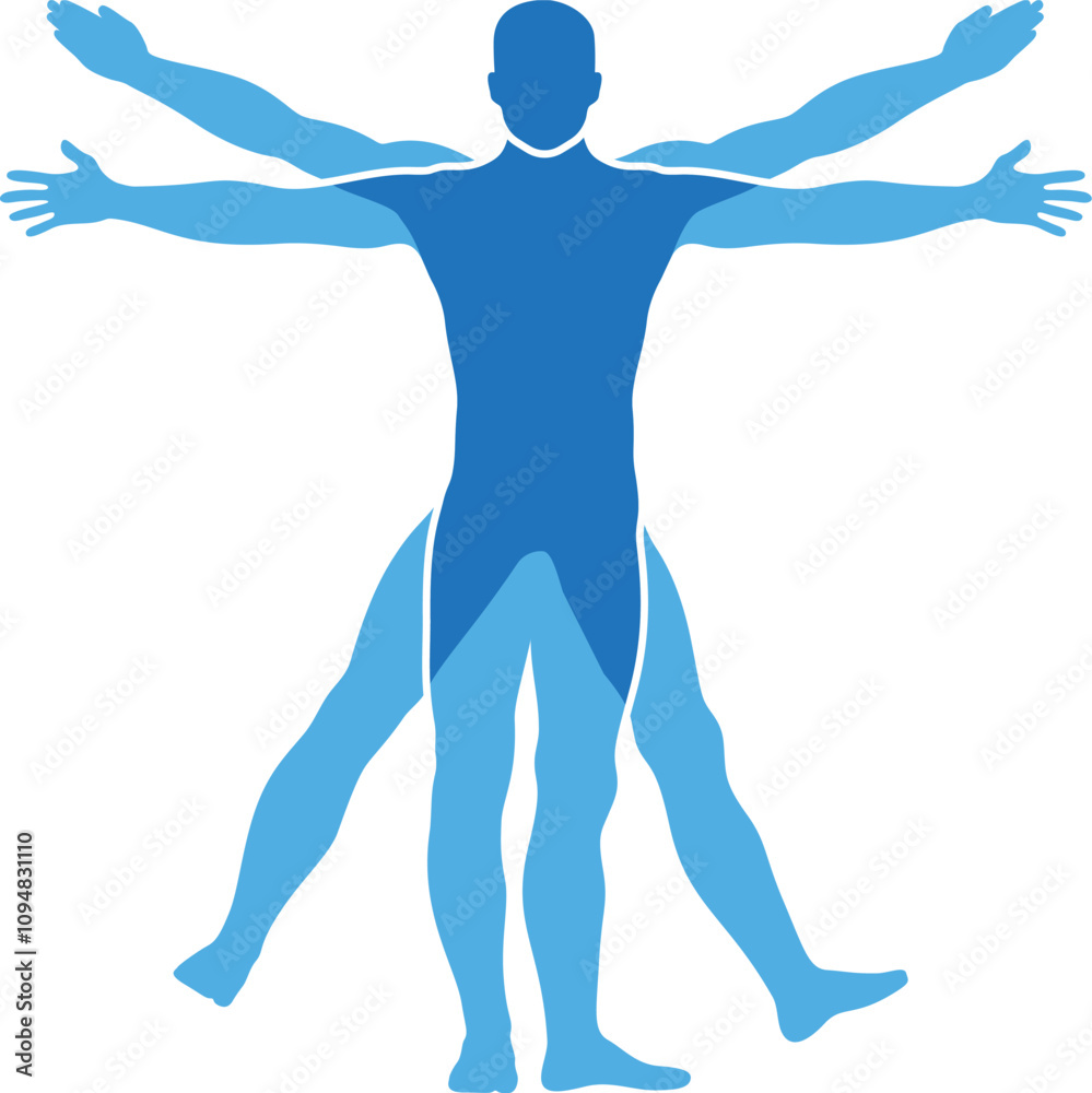 Human body blue symbol. Vitruvian man silhouette Human body blue symbol. Vitruvian man silhouette