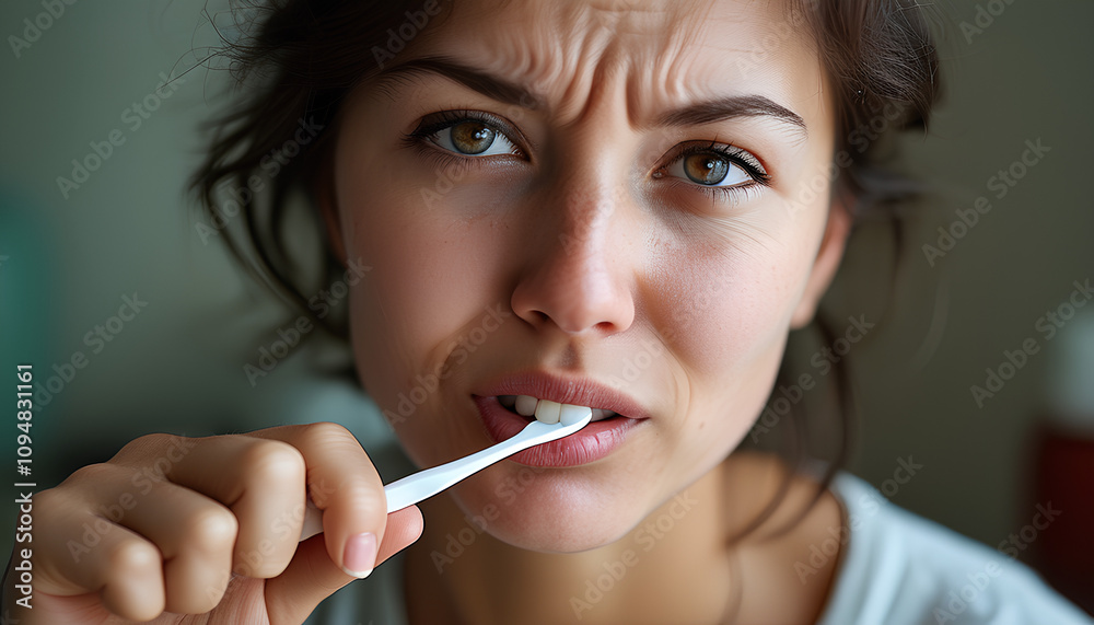 A woman is brushing her teeth. She is holding a toothbrush in her hand. The toothbrush is white A woman is brushing her teeth. She is holding a toothbrush in her hand. The toothbrush is white