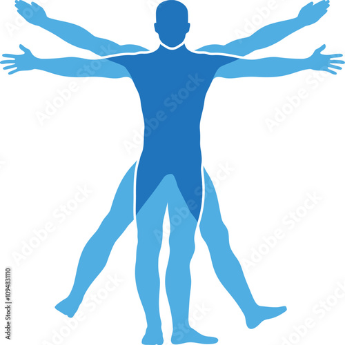 Human body blue symbol. Vitruvian man silhouette