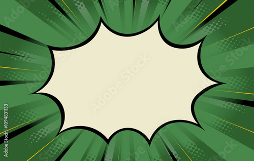 Balnk boom comic book text speech bubble in pop art style with dots. Clear wow balloon for posts and announcements. Empty message cloud background backdrop with flashes and stars. Vector illustration.