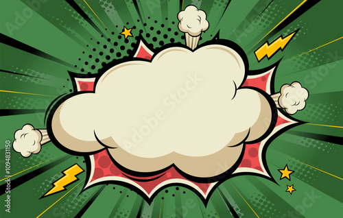 Balnk boom comic book text speech bubble in pop art style with dots. Clear wow balloon for posts and announcements. Empty message cloud background backdrop with flashes and stars. Vector illustration.