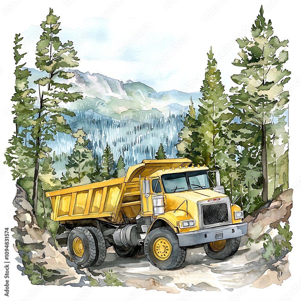 Watercolor Painting of a Yellow Dump Truck in a Mountainous Forest. Watercolor Painting of a Yellow Dump Truck in a Mountainous Forest.