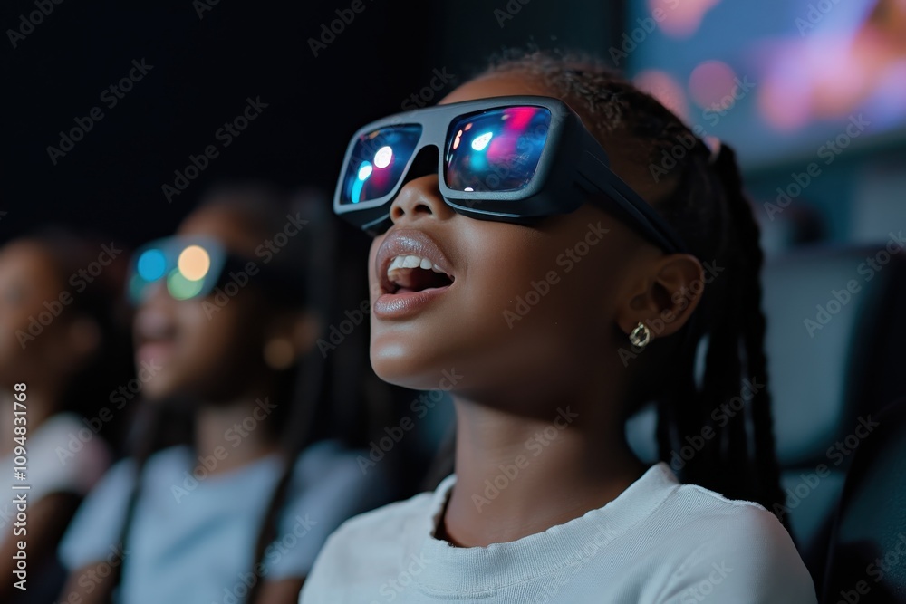 An enthusiastic child wearing stylish 3D glasses is captivated by the film playing on screen, embodying the joy and wonder of modern cinema in a dimly lit theater. An enthusiastic child wearing stylish 3D glasses is captivated by the film playing on screen, embodying the joy and wonder of modern cinema in a dimly lit theater.
