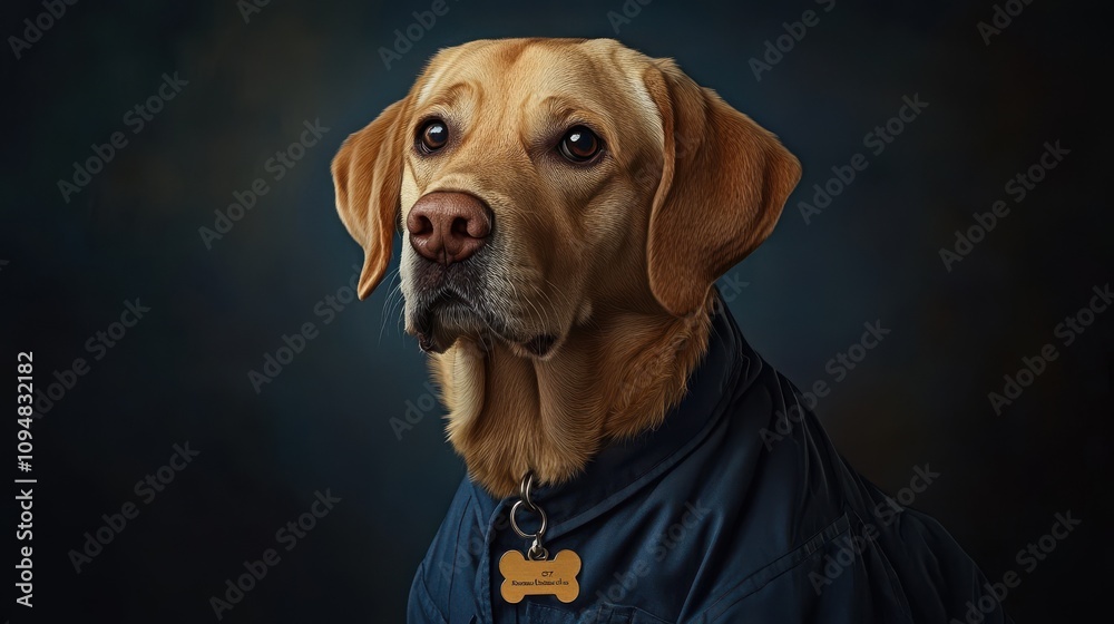 A yellow Labrador retriever poses confidently in a studio, wearing a stethoscope around its neck, embodying a medical professional's spirit and loyalty.