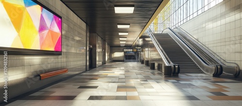 Modern Subway Station Hallway with Escalators and Colorful Artwork
