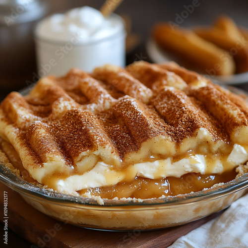 Delicious churro inspired pie filled with caramel and cream, topped with cinnamon sugar crust. Perfect for dessert lovers! photo