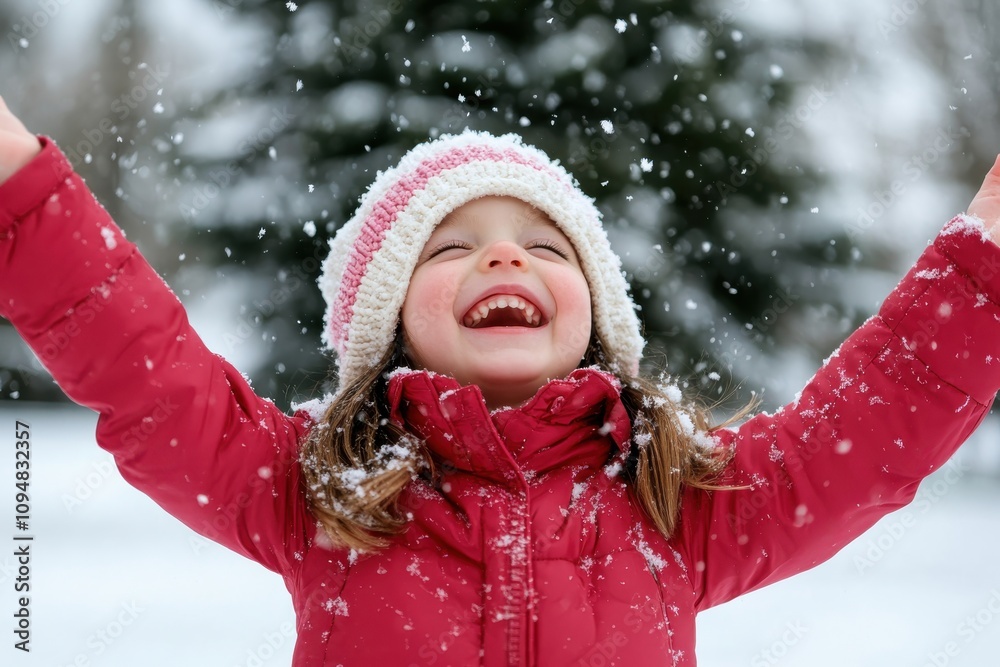 A delighted child with a broad smile welcomes the falling snow while dressed in a vibrant winter coat and hat, embodying the sheer joy of a winter day. A delighted child with a broad smile welcomes the falling snow while dressed in a vibrant winter coat and hat, embodying the sheer joy of a winter day.