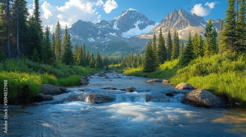 A serene landscape featuring a flowing river, lush greenery, and majestic mountains under a blue sky.