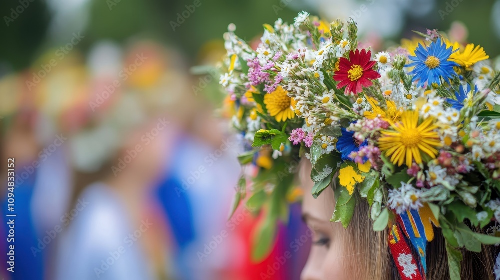custom made wallpaper toronto digitalClose-up view of a colorful Estonian flower crown made of wildflowers during a lively festival