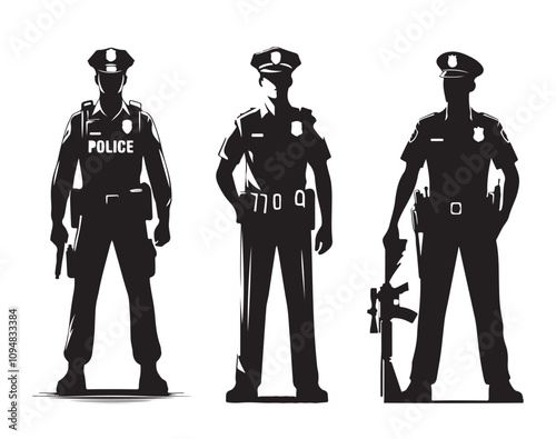 Police officer standing silhouettes vector illustration