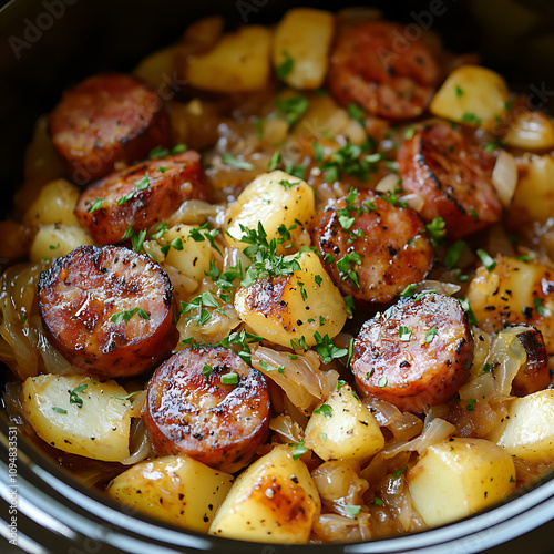 Delicious crockpot dish featuring Polish sausage, sauerkraut, and potatoes, garnished with fresh herbs. Perfect for hearty meal that warms soul photo