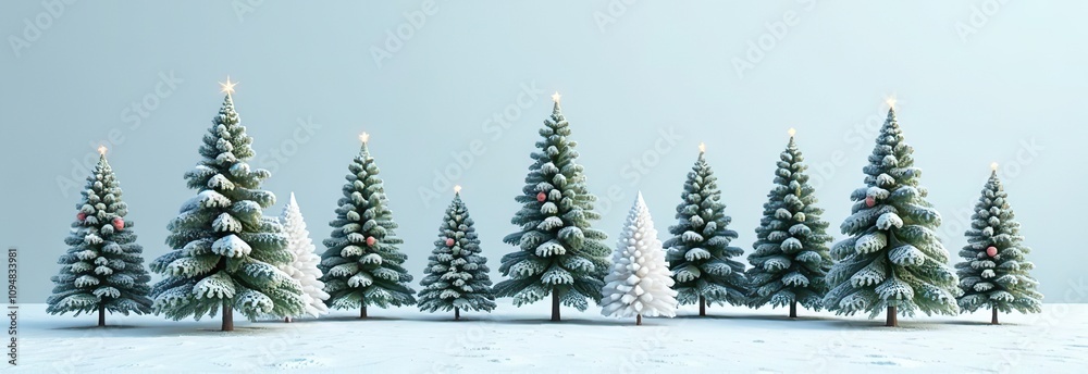 Obraz premium Collection of Christmas trees in the snow isolated on transparent background. Realistic 3D render. 3D illustration