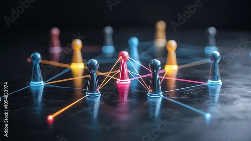 Neon network of brightly colored and connected game pieces on a dark glossy background creating an abstract and futuristic design for concepts of digital innovation photo