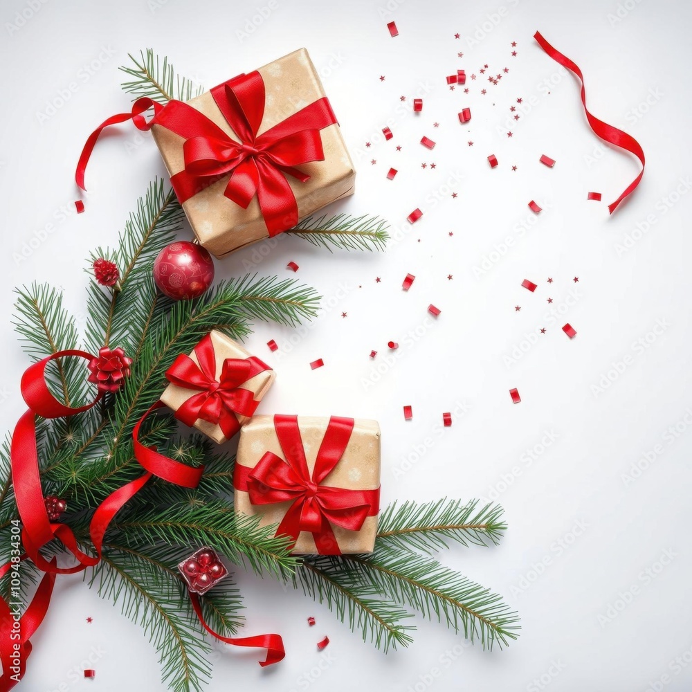 Christmas-themed arrangement, red and gold gift boxes with red ribbons, pine branches and ornaments, white background, festive, minimalistic, holiday decorations, overhead view.
Christmas-themed arrangement, red and gold gift boxes with red ribbons, pine branches and ornaments, white background, festive, minimalistic, holiday decorations, overhead view.
