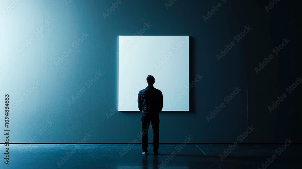 Man looking at a blank white poster in a empty dark blue room mock up for designers. White blank banner copy space in a minimalistic design background. Man looking at a blank white poster in a empty dark blue room mock up for designers. White blank banner copy space in a minimalistic design background.