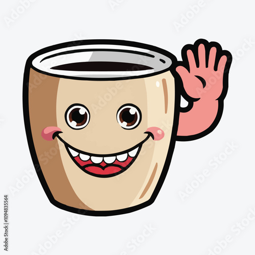 Cute Coffee Cup Waving Hand Cartoon Vector Icon Illustration Drink Object Icon Concept Isolated