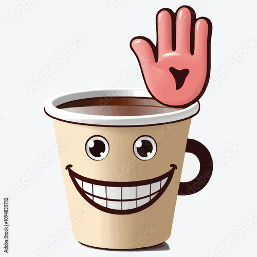 Cute Coffee Cup Waving Hand Cartoon Vector Icon Illustration Drink Object Icon Concept Isolated