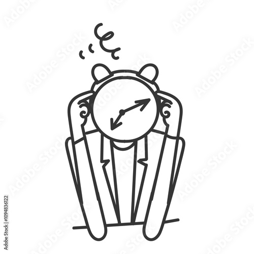 person with alarm clock head and face feeling worried and confused in doodle drawn sketch cartoon