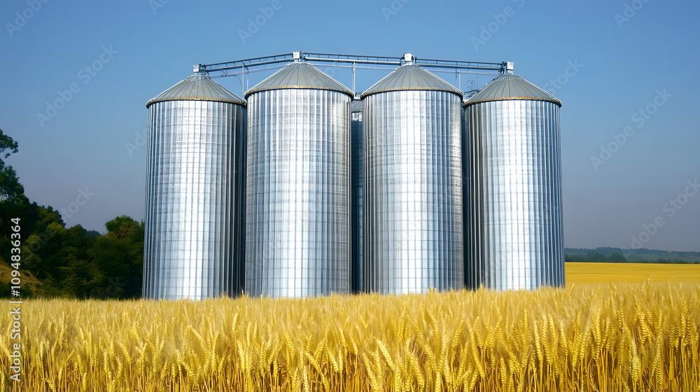 Grain silos in the foreground with a wide-open farmland stretching into the distance, depicting agricultural prosperity and the essential role of farming infrastructure in modern food production and s Grain silos in the foreground with a wide-open farmland stretching into the distance, depicting agricultural prosperity and the essential role of farming infrastructure in modern food production and s