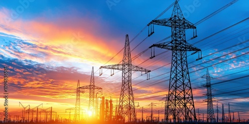 Stunning Sunset Over Industrial Power Lines and Electricity Towers Framing a Vibrant Sky with Majestic Colors of Blue, Orange, and Yellow in an Urban Landscape