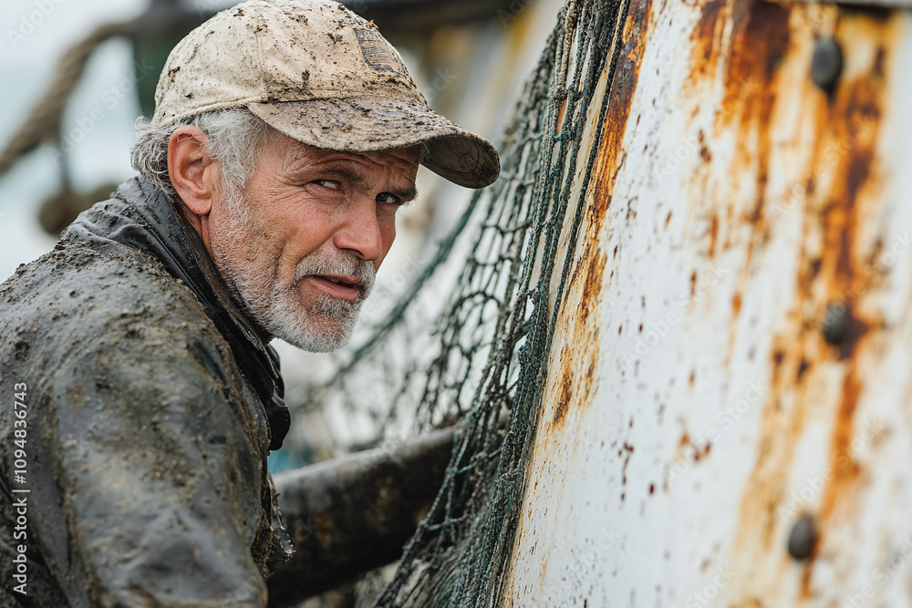 Experienced fisherman working with nets, side profile against worn boat hull. Experienced fisherman working with nets, side profile against worn boat hull.