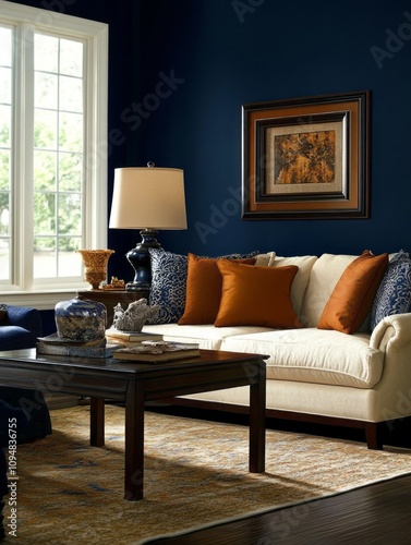 Elegant Living Room With Beige Sofa And Orange Pillows