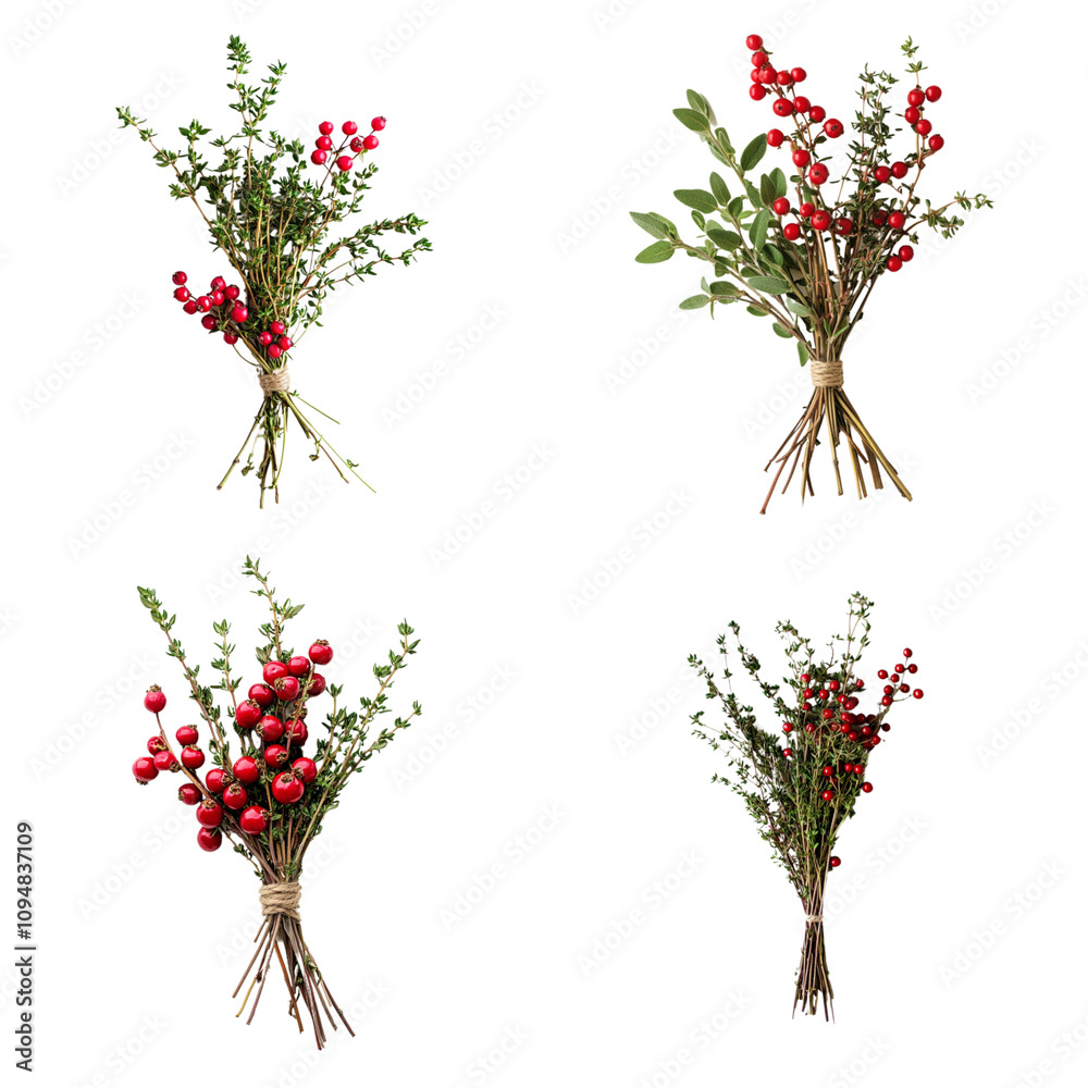 Obraz premium Fresh herbal bundles with red berries and green leaves