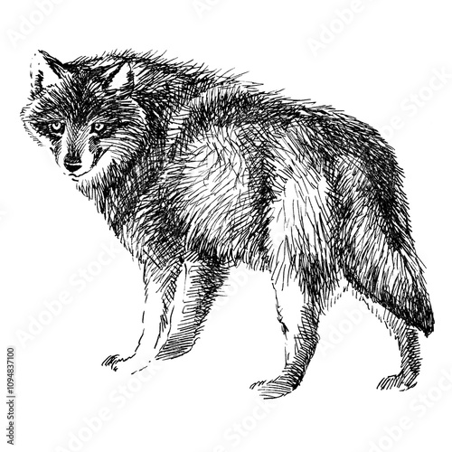 Hand drawn Vintage engraving isolated Wolf illustration ink sketch. Wild animal background