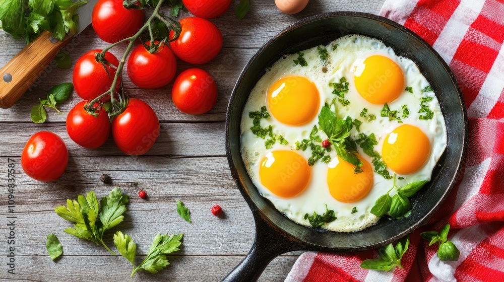 A rustic table setting featuring a skillet filled with fluffy eggs, adorned with fresh tomatoes and herbs, ready to be enjoyed in a delicious breakfast. A rustic table setting featuring a skillet filled with fluffy eggs, adorned with fresh tomatoes and herbs, ready to be enjoyed in a delicious breakfast.