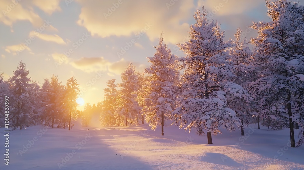 Pine trees covered with snow on a frosty evening, beautiful winter scene