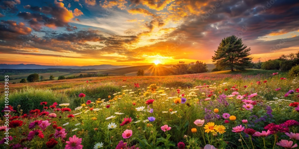 Fototapeta premium A Stunning Vintage Sunset Over a Vibrant Flower Field, Capturing the Essence of Nature's Beauty and a Serene Atmosphere in Classic Photography Style