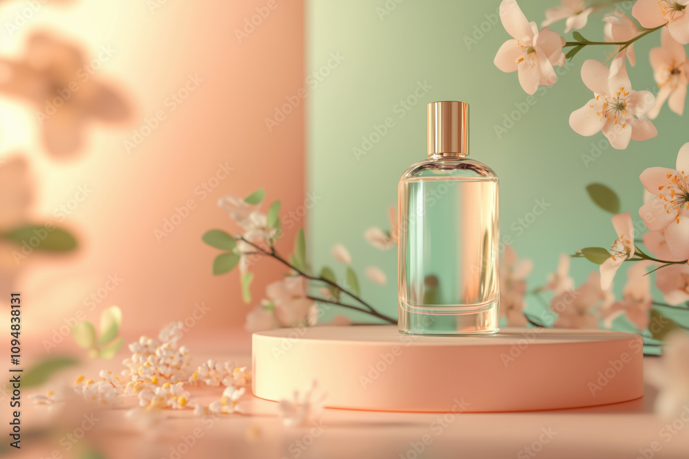 Minimalist bottle of eau de toilette on the catwalk surrounded by delicate flowers floral scent Minimalist bottle of eau de toilette on the catwalk surrounded by delicate flowers floral scent
