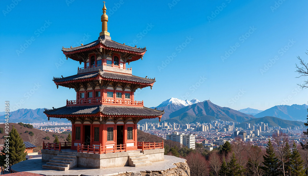 Traditional pagoda with stunning mountain view and city skyline under clear blue sky Traditional pagoda with stunning mountain view and city skyline under clear blue sky