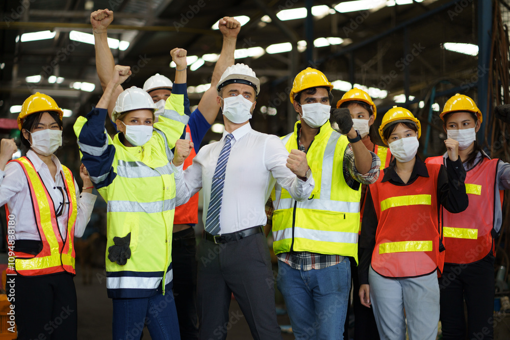 portrait of Confident engineer team worker standing arm crossed wearing protective face mask in manufacturing factory. portrait of Confident engineer team worker standing arm crossed wearing protective face mask in manufacturing factory.