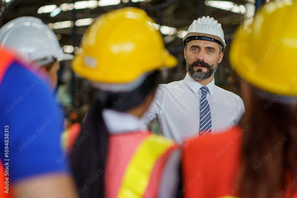 group of diversity engineer factory worker standing in morning meeting with business man manager or executive boss leader team talking and brief in industry manufacturing warehouse. back or rear view group of diversity engineer factory worker standing in morning meeting with business man manager or executive boss leader team talking and brief in industry manufacturing warehouse. back or rear view