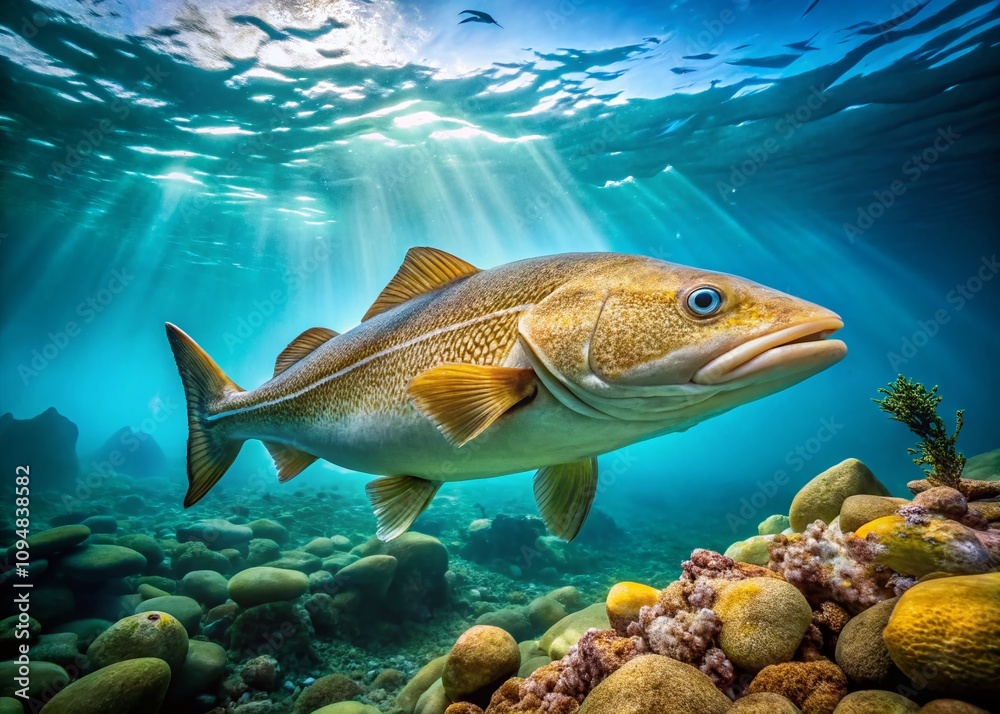 Naklejka premium Atlantic Cod (Gadus morhua) Swimming in Clear Waters with Copy Space for Text, Showcasing Its Distinctive Features and Natural Habitat in the Ocean Environment
